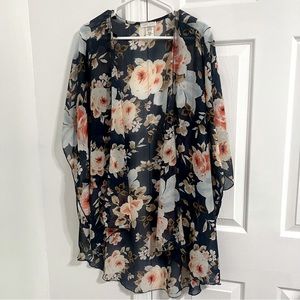 Emory Park Dark Blue Floral Print Kimono Style Cover Up